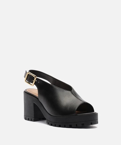 Sandália Preta Couro Bloco Tratorada Fechada