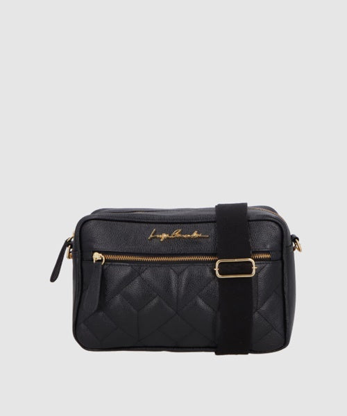 Bolsa Média em Couro Preto com Matelassê e Alça em Tecido