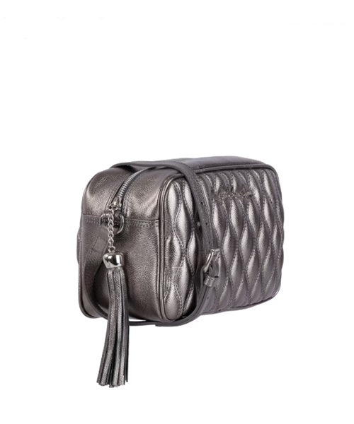 Bolsa Clássica em Couro Metalizado Titânio e Alça Regulável Média