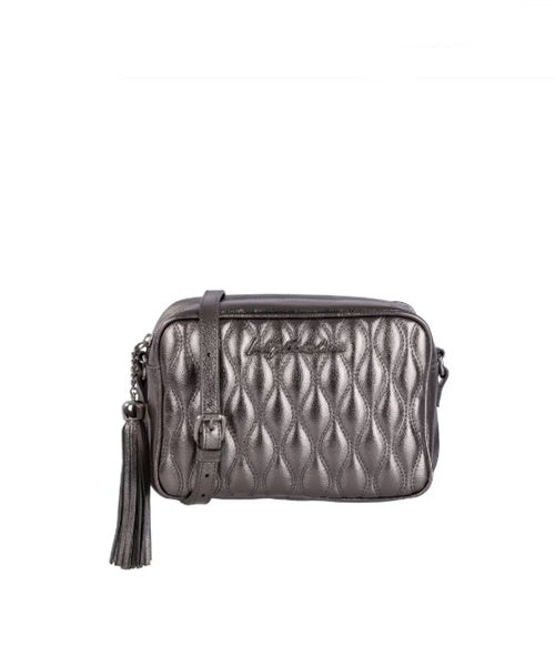 Bolsa Clássica em Couro Metalizado Titânio e Alça Regulável Média