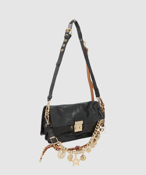 Bolsa Baguete Pequena em Couro Estonado Preto
