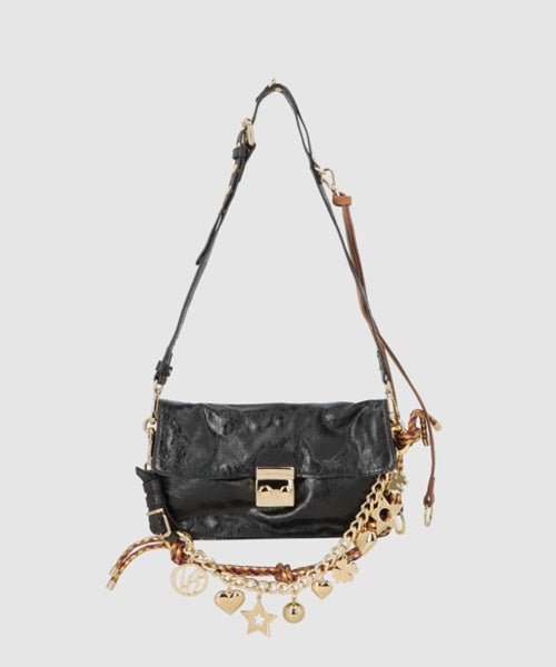 Bolsa Baguete Pequena em Couro Estonado Preto