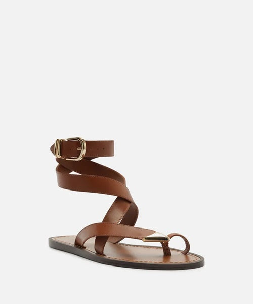 Sandália Rasteira Marrom Couro Tiras Ponteira Metal