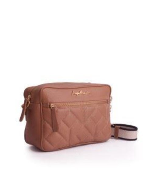 Bolsa Média em Couro Nude com Matelassê e Alça em Tecido