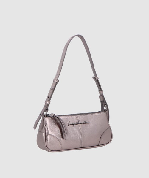 Bolsa Baguete em Couro Titânio com Alça Regulável Pequena