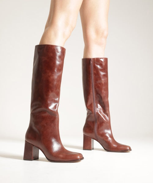 Bota Marrom Escura Couro Cano Longo Bloco Montaria