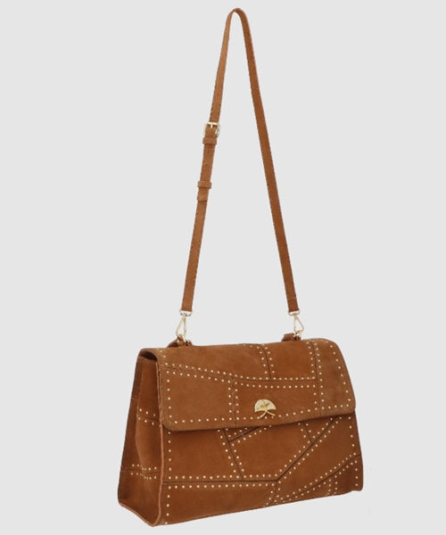 Bolsa Grande em Camurça Caramelo com Tachas