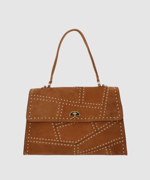 Bolsa Grande em Camurça Caramelo com Tachas
