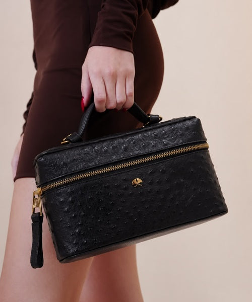 Bolsa Vanity Pequena em Couro Avestruz Preto