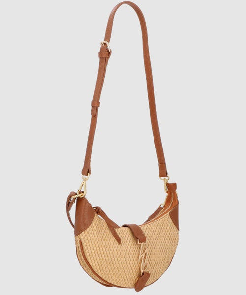 Bolsa Média em Ráfia Natural e Couro Caramelo