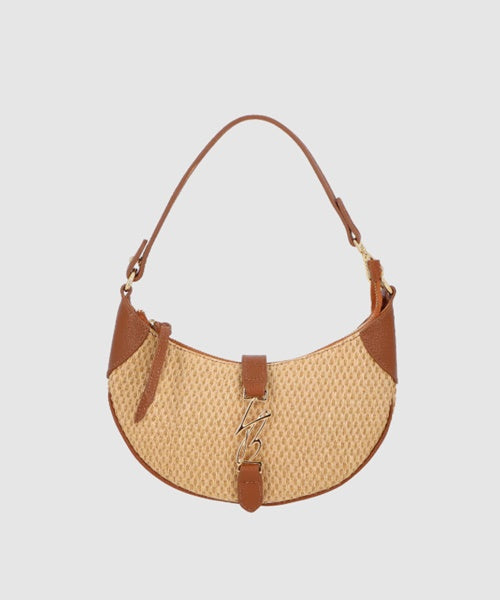 Bolsa Média em Ráfia Natural e Couro Caramelo