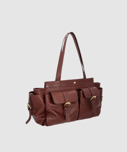 Bolsa Grande em Couro Marrom com Bolso Frontal