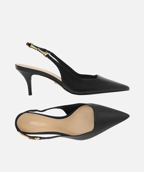 Scarpin Preto Couro Slingback Detalhe Metal
