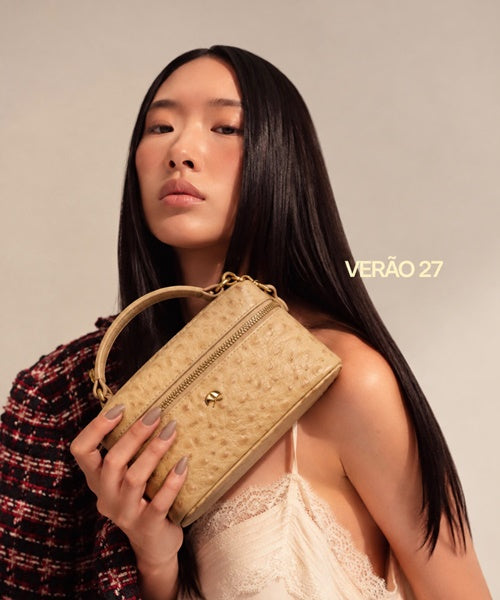 Bolsa Vanity Pequena em Couro Avestruz Areia