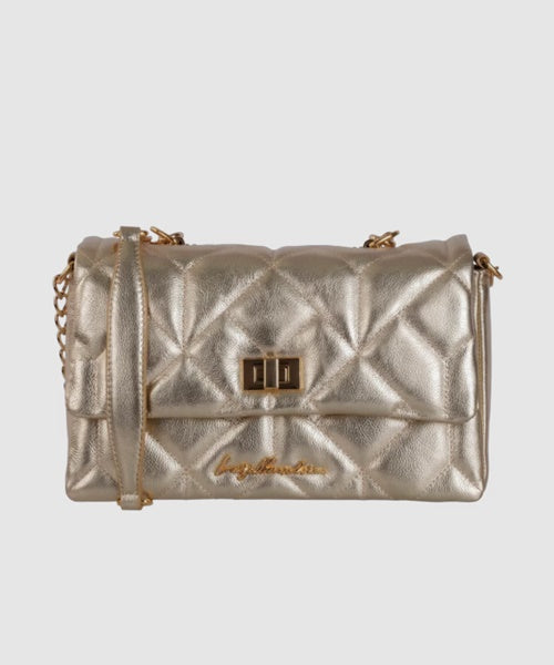 Bolsa em Couro Metalizado Dourada e Alça de Corrente Grande