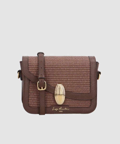 Bolsa Média em Ráfia e Couro Marrom Café com Fecho Dourado