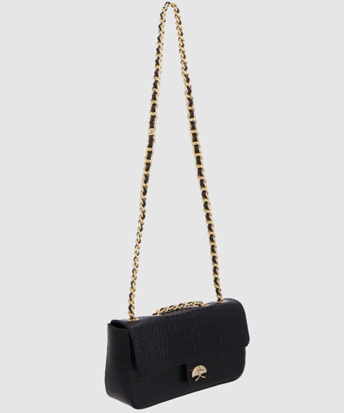Bolsa Pequena em Couro Croco Preto com Alça de Correntes