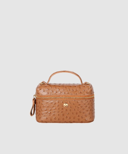 Bolsa Vanity Pequena em Couro Avestruz Caramelo