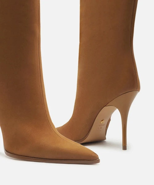 - Bota Marrom Camurça Cano Longo Salto Alto Fino