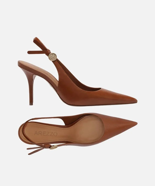 Scarpin Marrom Couro Salto Alto Slingback Metal Heritage
