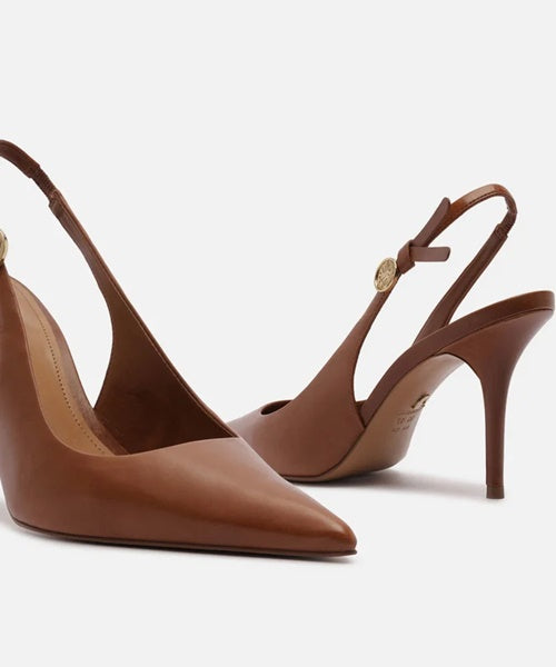 Scarpin Marrom Couro Salto Alto Slingback Metal Heritage