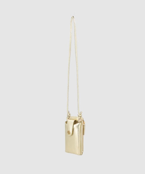 Bolsa Pequena Porta-Celular em Couro Metalizado Dourado