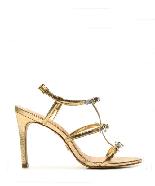 Sandália Salto Alto Dourada Laços