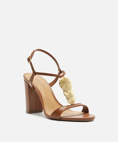 Sandália Marrom Couro Salto Alto Bloco Metais Textura