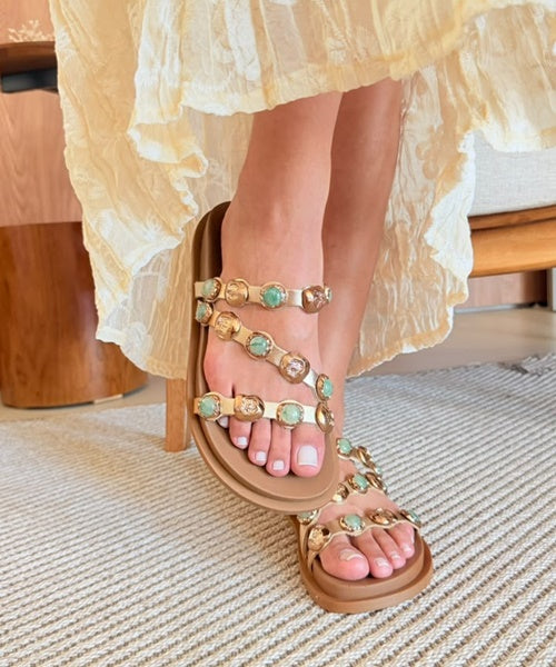 Sandália Papete Bronze Pedras Verdes