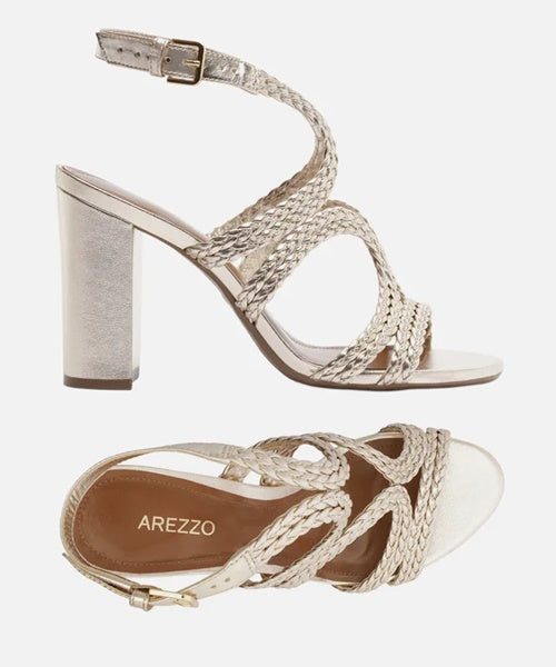 Sandália Dourada Salto Alto Bloco Tiras Trançadas