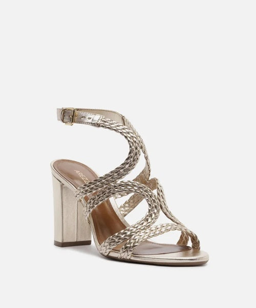 Sandália Dourada Salto Alto Bloco Tiras Trançadas