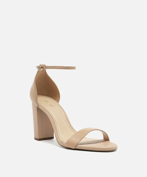 Sandália Nude Couro Salto Alto Bloco Isabelli