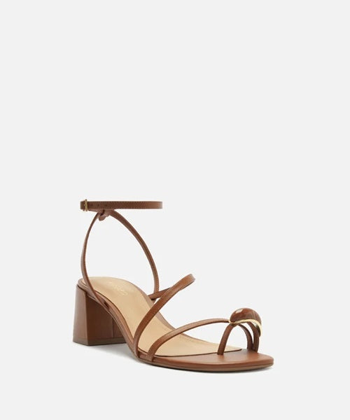 Sandália Marrom Couro Salto Bloco Dedeira Pedra