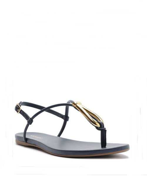 Sandália Rasteira Azul Slim Metal Dourado