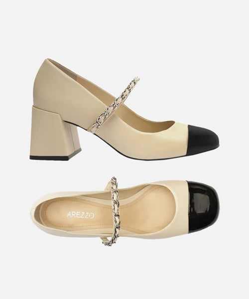 Sapato Boneca Off-White Couro Salto Bloco Tira Corrente Cap Toe Preto