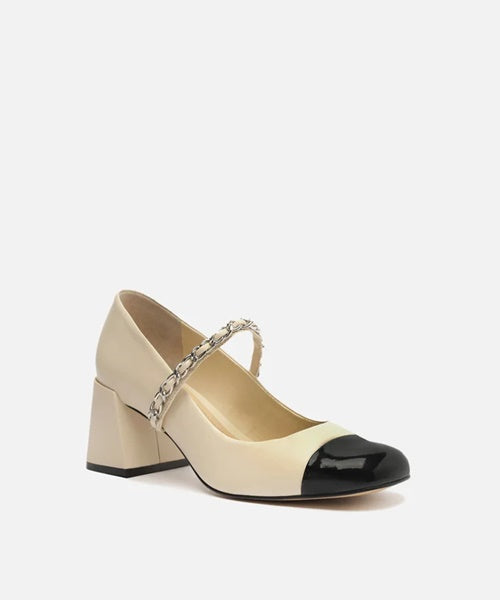 Sapato Boneca Off-White Couro Salto Bloco Tira Corrente Cap Toe Preto