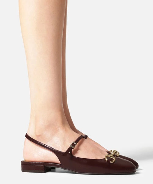 Sapatilha Vermelha Couro Bico Redondo Bridão Slingback