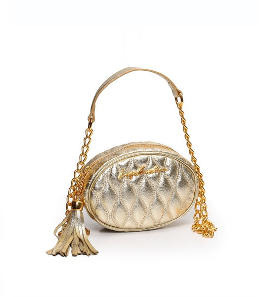 Bolsa Redonda Pequena em Couro Metalizado Ouro